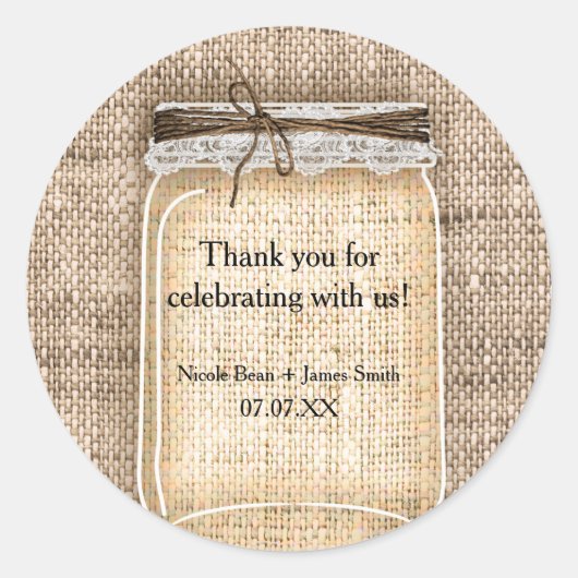 Sticker Rond Grand pot Mason avec Burlap & Dentelle Mariage rus (Devant)