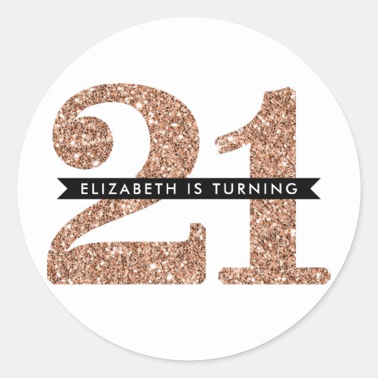 Sticker Rond GRANDE ÂGE NUMÉRO INVITATION glam 21 rose parties (Devant)