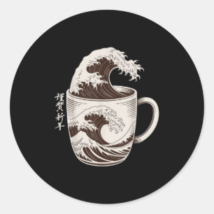 Sticker Rond Grande Vague De Café Splash Art Japonais Mug Caffe
