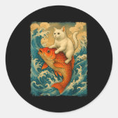 Sticker Rond Graphic Tee Men Women Funny Cat Koi Japanese Art W (Devant)
