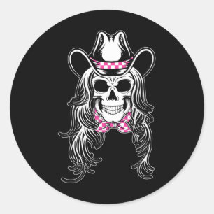 Sticker Rond Graphique crâne femme Halloween cowgirl pink check