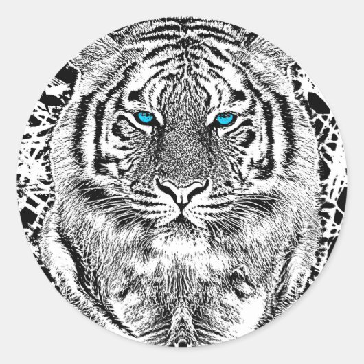Sticker Rond Graphique de tigre noir et blanc aux yeux bleus (Devant)