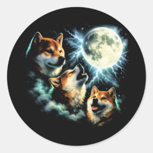 Sticker Rond Graphisme de Shiba Inu hurlant à la Lune Céleste