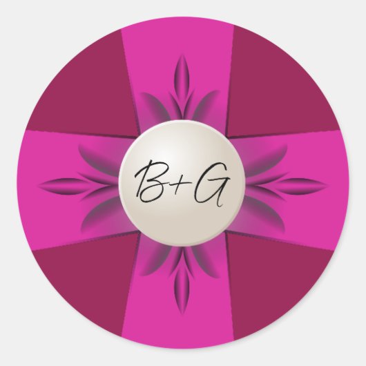 Sticker Rond Gras Magenta et vin Monogram Pearl Ribbon Mariage (Devant)