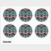 Sticker Rond Gray, Teal, et Coral Hand Drawn Chevron Pattern (Feuille)