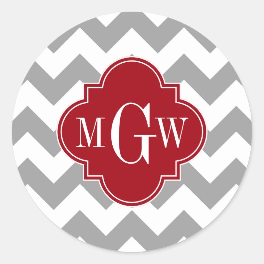 Sticker Rond Gray Wht Chevron Cranberry Quatrefoil 3 monogram (Devant)