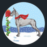 Sticker Rond Great Dane Christmas Mail Black Cadeau Tags<br><div class="desc">Noël avec des Danois de Danes-R-Us : Ce Grand Danois se promène dans la neige pour emmener ses voeux de Fêtes à la boîte aux lettres en portant son foulard tricoté rouge.</div>