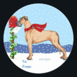Sticker Rond Great Dane Christmas Mail Fawn UC Tags cadeaux<br><div class="desc">Noël avec des Danois de Danes-R-Us : Ce Grand Danois se promène dans la neige pour emmener ses voeux de Fêtes à la boîte aux lettres en portant son foulard tricoté rouge.</div>