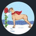 Sticker Rond Great Dane Christmas Mail Fawn UC Tags cadeaux<br><div class="desc">Noël avec des Danois de Danes-R-Us : Ce Grand Danois se promène dans la neige pour emmener ses voeux de Fêtes à la boîte aux lettres en portant son foulard tricoté rouge.</div>