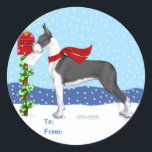 Sticker Rond Great Dane Christmas Mail Mantle Tags cadeaux<br><div class="desc">Noël avec des Danois de Danes-R-Us : Ce Grand Danois se promène dans la neige pour emmener ses voeux de Fêtes à la boîte aux lettres en portant son foulard tricoté rouge.</div>