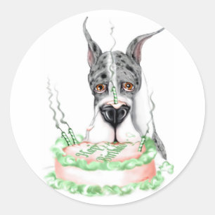 Sticker Rond Great Dane Merle gâteau d'anniversaire