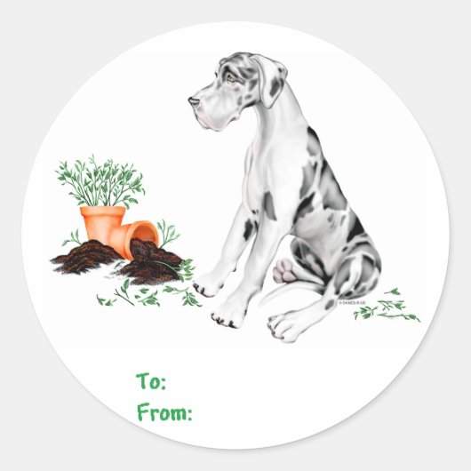 Sticker Rond Great Dane Naughty Pup Arlequin UC (Devant)