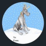 Sticker Rond Great Dane Reindeer Christmas Black Tags cadeaux<br><div class="desc">Vêtus de bois et d'un collier de cloche à sonnette rouge,  les Dane Deer sont prêts à vous aider à entrer dans l'Esprit de Noël et sont sûrs d'être un favori.</div>