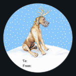 Sticker Rond Great Dane Reindeer Christmas Brindle UC Tags cade<br><div class="desc">Vêtus de bois et d'un collier de cloche à sonnette rouge,  les Dane Deer sont prêts à vous aider à entrer dans l'Esprit de Noël et sont sûrs d'être un favori.</div>