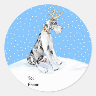 Sticker Rond Great Dane Reindeer Christmas Harle UC Tags cadeau