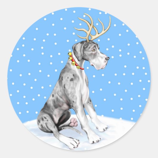 Sticker Rond Great Dane Reindeer Christmas Merle UC (Devant)