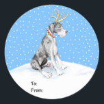 Sticker Rond Great Dane Reindeer Christmas Merle UC Tags cadeau<br><div class="desc">Vêtus de bois et d'un collier de cloche à sonnette rouge,  les Dane Deer sont prêts à vous aider à entrer dans l'Esprit de Noël et sont sûrs d'être un favori.</div>