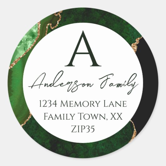 Sticker Rond Green Agate Monogram Adresse de famille (Devant)