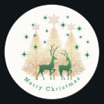 Sticker Rond Green and gold Christmas tree, reindeer<br><div class="desc">Green and gold Christmas tree,  reindeer and stars round Sticker</div>