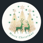 Sticker Rond Green and gold Christmas tree, reindeer<br><div class="desc">Green and gold Christmas tree,  reindeer and stars round Sticker</div>