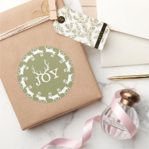 Sticker Rond Green and White Joy Deer Antler Noël Holiday
