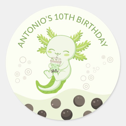 Sticker Rond Green Axolotl Bubble Milk Boba Tea Anniversaire (Devant)