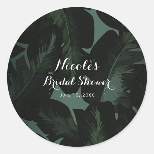 Sticker Rond Green & Black Chic Tropical Feuilles Mariage Faveu (Devant)