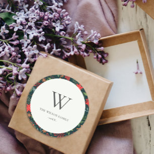 Sticker Rond Green Brown Berry Christmas Flora Pattern Monogram