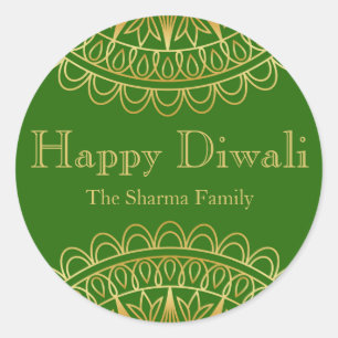 Sticker Rond Green et Gold Diwali Party Favoriser