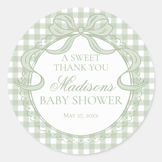Sticker Rond Green Gingham Coquette Bow Baby Shower Favor (Devant)