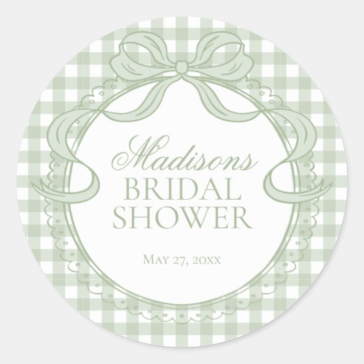 Sticker Rond Green Gingham Coquette Bow Bridal Shower Seal (Devant)