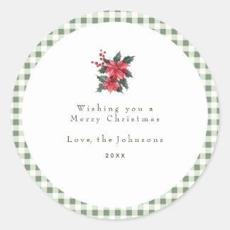 Sticker Rond Green Gingham Plaid Custom Christmas