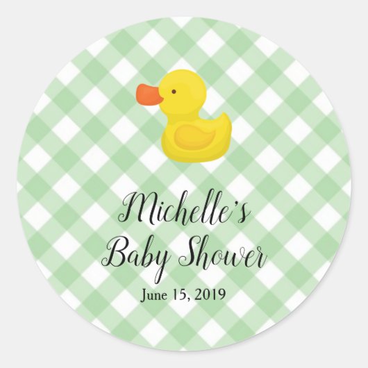 Sticker Rond Green Gingham Rubber Duckie Baby Shower  (Devant)