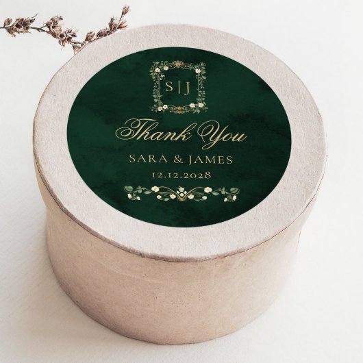 Sticker Rond Green Gold Botanical Crest Wedding Thank you