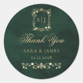 Sticker Rond Green Gold Botanical Crest Wedding Thank you (Devant)