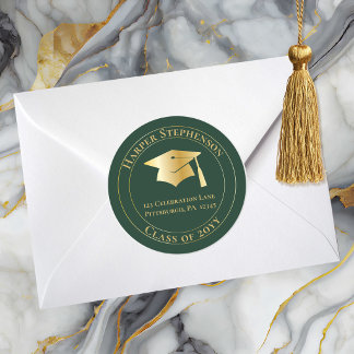 Sticker Rond Green Gold Grad Cap Class of 2026 Return Address