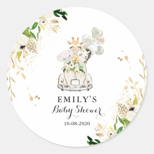 Sticker Rond Green Gold Safari Animaux Conduite Par Baby shower (Devant)