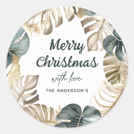 Sticker Rond Green & Gold Tropical Palm Wreath Noël (Devant)