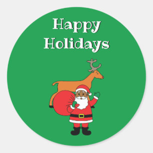 Sticker Rond Green Happy Holidays African American Santa Claus