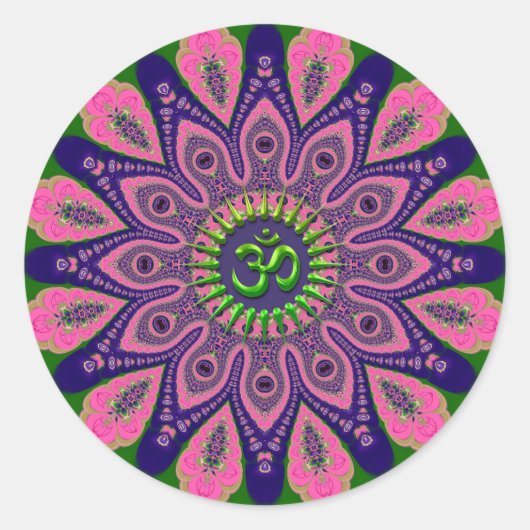 Sticker Rond Green Om Funky Pink et Indigo Mandala (Devant)