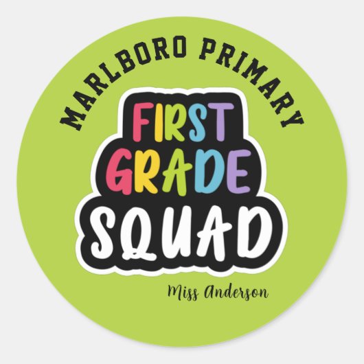 Sticker Rond Green School Name First Grade Teacher Squad (Devant)