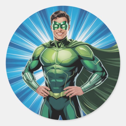 Sticker Rond Green Superhero Boys Birthday Party (Devant)