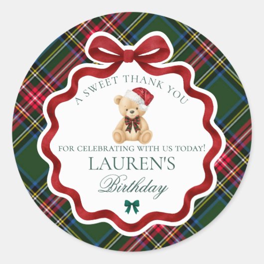 Sticker Rond Green Tartan Plaid Christmas Bear Birthday Favor (Devant)