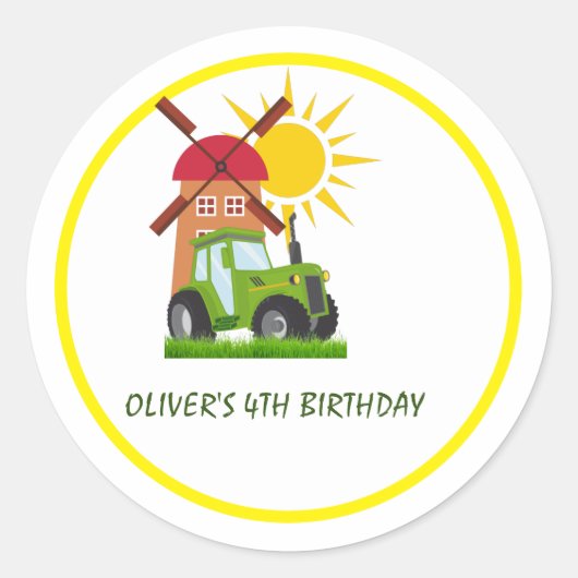 Sticker Rond Green Tractor Boys Thème Anniversaire Fête (Devant)