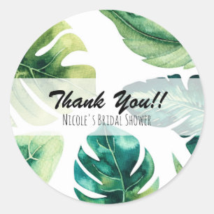 Sticker Rond Green Tropical Feuilles Blanc Elégant Mariage Fave