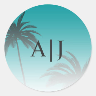 Sticker Rond Green Tropical Palm Tree Beach Monogram Mariage