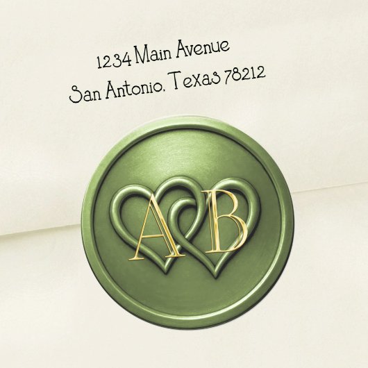 Sticker Rond Green Two Hearts Intertwined Monogram Wedding