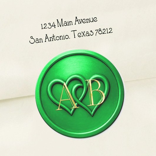 Sticker Rond Green Two Hearts Intertwined Monogram Wedding