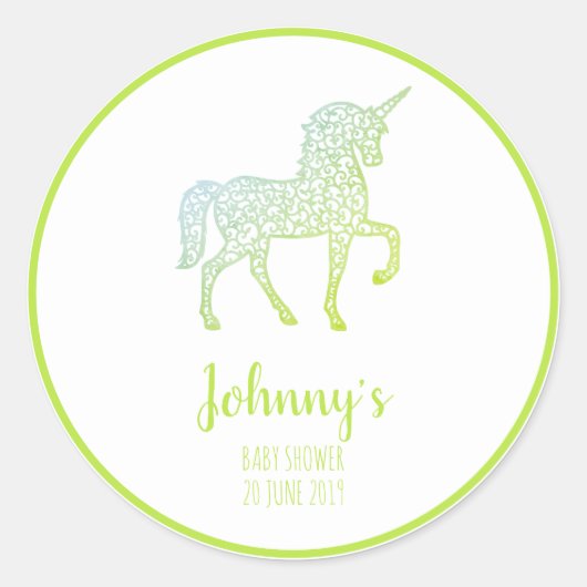 Sticker Rond Green Unicorn baby shower partie Merci Propre text (Devant)