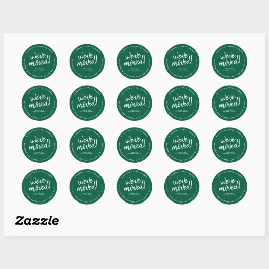 Sticker Rond Green White Rustic Script We've Moved New Address (Feuille)